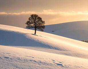 Minimalist winter landscape with lone tree on snow-covered hill under moody sky