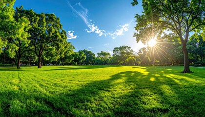 Sunlight Streams Through Lush Green Trees Onto A Verdant Meadow On A Clear Sunny Day With Blue Sky And Fluffy Clouds