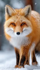 Vibrant Red Fox Foraging Gracefully Through a Snow-Covered Winter Wonderland Landscape Scene