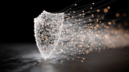 A glowing, abstract shield with a network of lines and dots against a black background.
