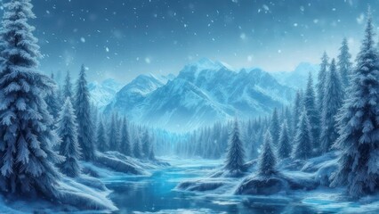 Serene winter landscape; snow-covered mountains and river