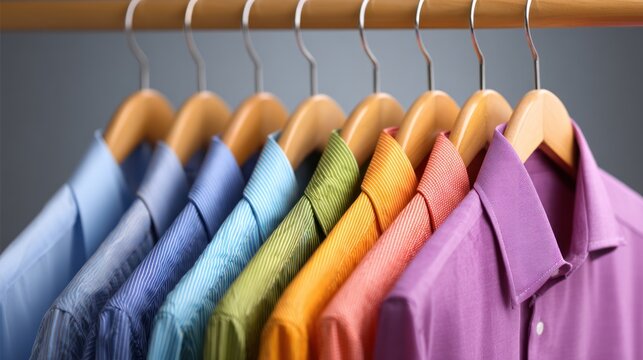 A row of colorful shirts hanging on a wooden rack.