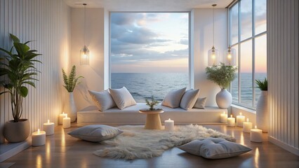 Serene ocean view lounge with soft lighting, plush cushions, candles, and plants creating a tranquil, luxurious, and inviting atmosphere for relaxation and escape.