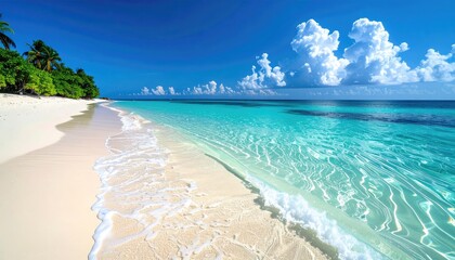 Turquoise ocean waves gently lap onto a pristine white sand beach lined with lush green palm trees under a bright blue sky with fluffy white clouds on a sunny day
