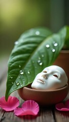 Water Droplets on Leaf with Clay Mask and Rose Petals
