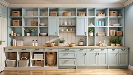 Serene kitchen pantry organization with beautiful woven baskets and clean cabinets creating a calm, inviting space for home goods