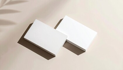 Two Blank White Business Cards on a Neutral Background with Soft Shadows and Leaf Patterns Creating an Elegant and Professional Presentation