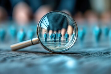 Exploring a miniature world through a magnifying glass reflecting tiny figures on a wooden surface