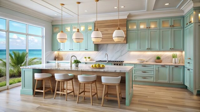 Stunning coastal kitchen oasis featuring serene ocean views, modern mint cabinetry, and a luxurious marble island perfect for entertaining.