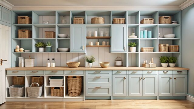 Serene kitchen pantry organization with beautiful woven baskets and clean cabinets creating a calm, inviting space for home goods