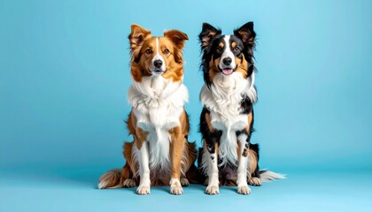 Two border collies sit side by side against a vibrant blue background the dogs exhibit a pixelated effect giving them a digital appearance and unique aesthetic appeal
