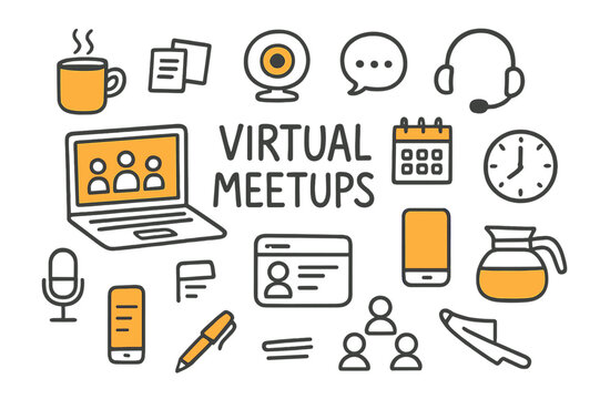 Virtual Meetup Essentials. Virtual Meetups. Hand-drawn doodle illustration virtual meetups laptop (accented), coffee cup, webcam (accented), headset, chat