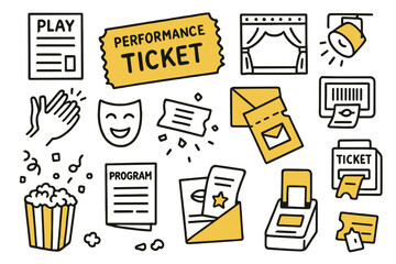 Theater Doodle Icons. Performance Ticket. Hand-drawn doodle illustration playbill and ticket theater ticket (accented), playbill, stage (accented), curtain,