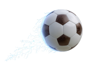 Dynamic soccer ball in motion with blue neon light trail. This energetic sports clipart shows incredible speed and powerful action, isolated on transparency background for design