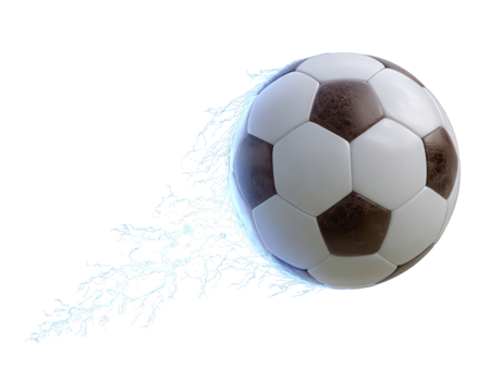 Dynamic soccer ball in motion with blue neon light trail. This energetic sports clipart shows incredible speed and powerful action, isolated on transparency background for design