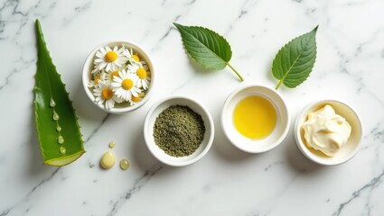 Natural Skincare Ingredients on White Marble Surface