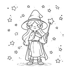 Obraz premium A wizard wearing a big hat and holding a magic wand coloring page