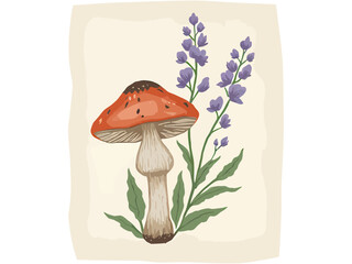 Vintage Botanical Illustration of Morel Mushroom and Wild Violets | Antique Nature Artwork Featuring Morel and Violets | Classic Botanical Print of Mushroom and Woodland Flowers 