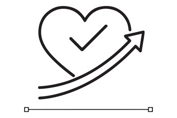 Hand drawn heart with checkmark and upward arrow isolated on white background