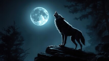 Silhouetted wolf howling at a large, bright moon in a dark forest