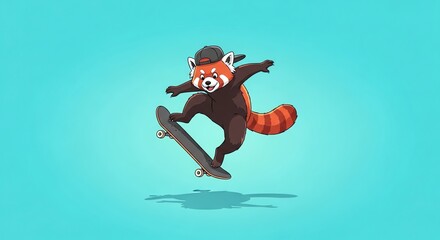 Fototapeta premium Red panda skateboarding mid-air against teal background