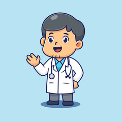 Cheerful Cartoon Doctor Character Illustration Waving Hello with a Friendly Smile and Stethoscope