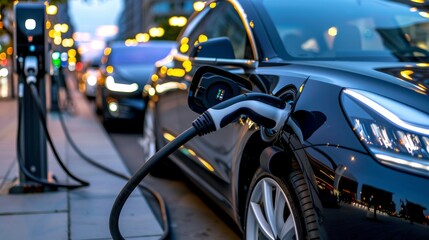 Obraz premium Modern electric car charging station on urban street with eco friendly technology in cityscape