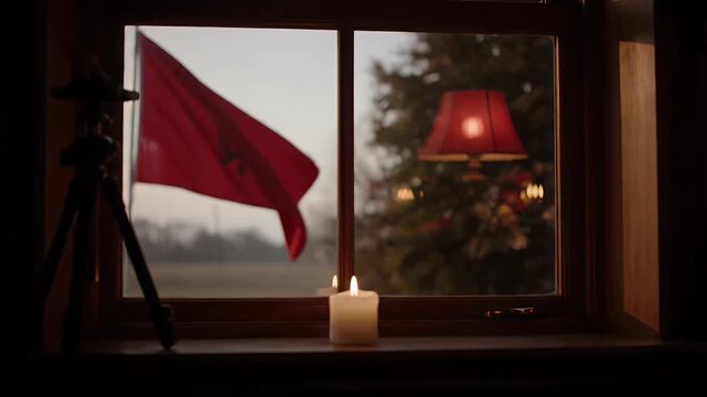 Candle Burning on Windowsill with Red Flag and Lamp Creating Cozy Warm Atmosphere