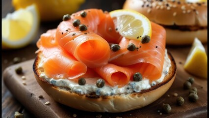Smoked salmon bagel with cream cheese and capers