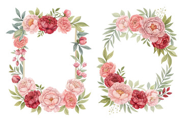 Watercolor Peony Flower Frame for Invitations isolated on white background