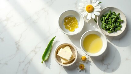Natural Skincare Ingredients on White Marble Surface