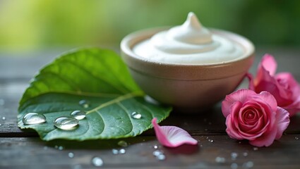 Water Droplets on Leaf with Clay Mask and Rose Petals
