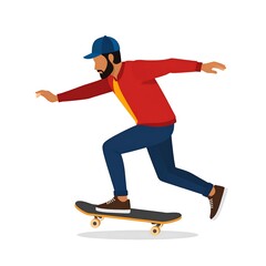 Fototapeta premium Graphic illustration of a man skateboarding, rendered in a flat vector style, showing motion and action against a clean white backdrop