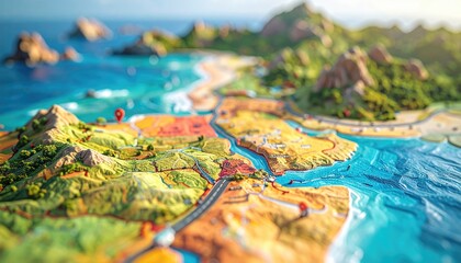 Vibrant Miniature Island Village Scene with Coastal Views and Lush Greenery