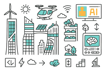 Obraz premium Futuristic Urban Doodle. Future towers. Hand-drawn doodle illustration future towers futuristic skyscraper (accented), skybridge (accented), flying drone taxi,