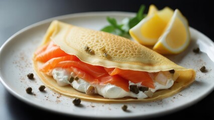 Smoked salmon crepe with cream cheese and capers