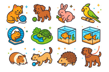 Obraz premium Colorful Pet Interaction Icons. Pet interaction. Colorful isometric vector icons set of pet interaction: cat with yarn, dog with ball, rabbit with carrot, bird