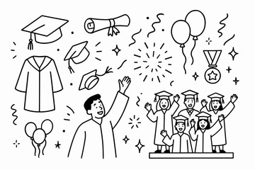 Graduation Celebration Doodles. Graduation celebration. Hand-drawn doodle illustration celebrating a graduation with a cap toss mortarboard hat, diploma tied