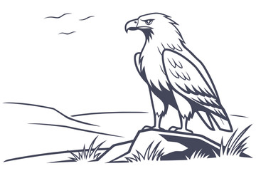 Eagle Perched on Bare Branch with Mountains Vector Illustration - Monochrome Graphic