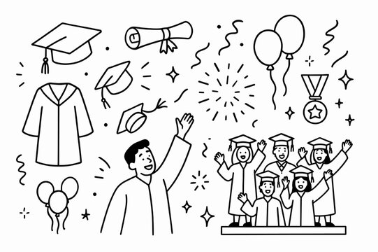 Graduation Celebration Doodles. Graduation celebration. Hand-drawn doodle illustration celebrating a graduation with a cap toss mortarboard hat, diploma tied