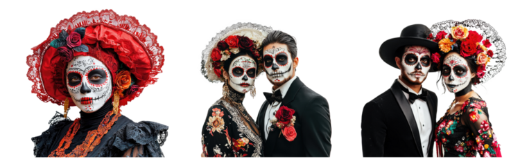 A couple dressed in traditional Day of the Dead costumes with floral headpieces and skull makeup.