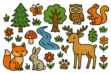 Whimsical Forest Doodles. Forests. Colorful Hand-drawn doodle Children illustration Pine tree, oak tree, mushroom, fox, deer, owl, rabbit, flowers, grass,