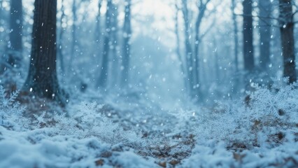 Snow-covered forest path, softly falling snow, serene winter scene