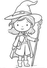 A wizard wearing a big hat and holding a magic wand coloring page