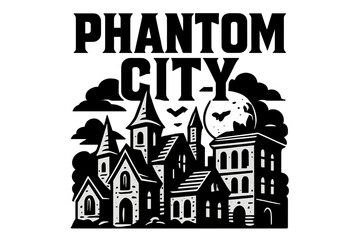 Phantom City Poster. Phantom City ? Bold Block Lettering, stacked uppercase with chunky geometric serifs, heavy outline and flat 3D shading, poster-style