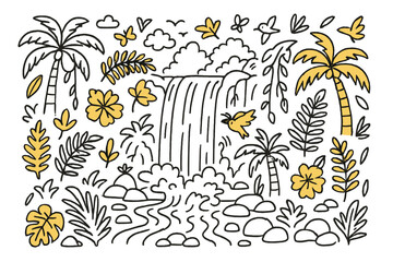 Tropical Waterfall Scene. Tropical Waterfall. Hand-drawn doodle illustration tropical waterfall waterfall (accented), lush trees, ferns (accented), vines,