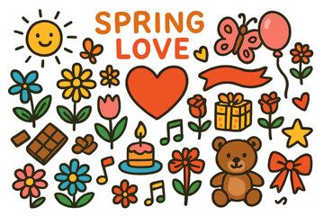 Spring Love Doodles. Spring Love. Colorful Hand-drawn doodle Children illustration Heart, flower, butterfly, sun, ribbon, gift box, rose, balloon, music note,