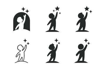 Child Reaching Stars. Child's wonder. Set Logo of Emotion: child reaching for stars icon. harmonious logo variations of the same emblematic concept, each with