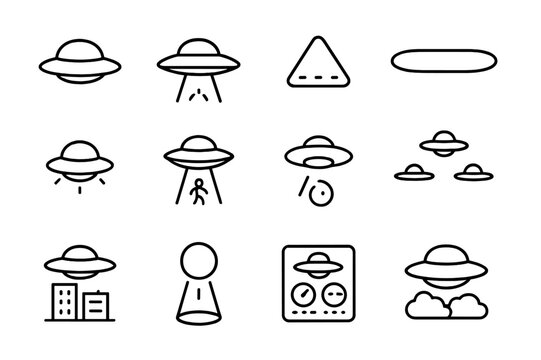 UFO Icon Collection. UFOs. Line icon set of UFOs: flying saucer, UFO with beam, triangular craft, cigar-shaped craft, glowing disc, abduction scene, UFO radar,