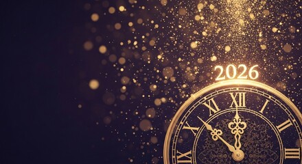 Happy New Year 2026 banner with luxury vintage clock counting down to midnight on a festive background with golden bokeh and copy space.